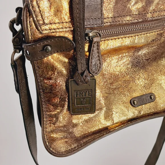 FRYE Cameron Metallic Gold, Copper & Brown Leather Small Satchel Crossbody Bag - Picture 12 of 15